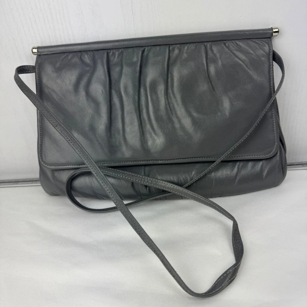 Vintage Mardane USA Gray Leather Ruched Foldover Clutch‎ Shoulder Bag